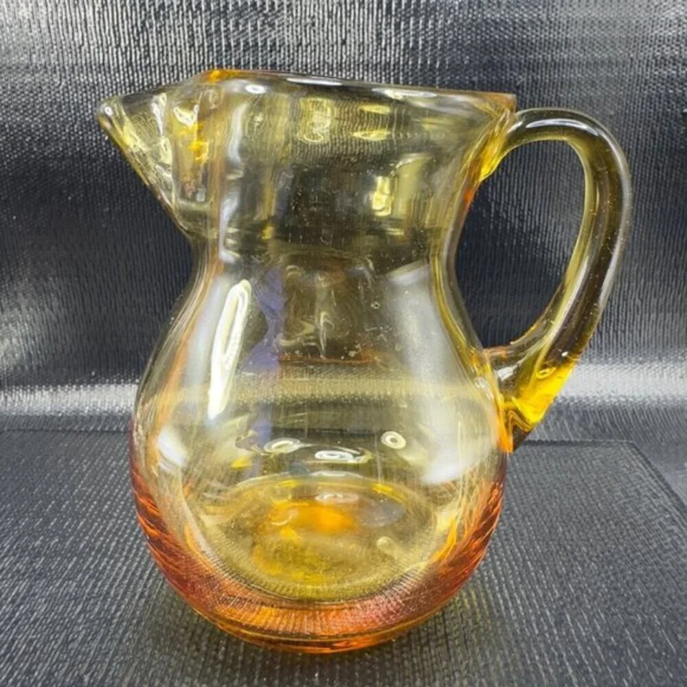 Vintage Hand Blown Amber Gold Pitcher Carafe Jug Hand Made Glassware Pitcher VTG